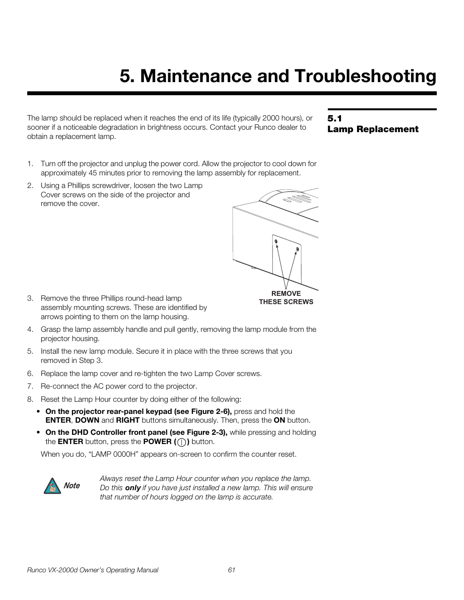 Maintenance and troubleshooting, 1 lamp replacement, Lamp replacement | Pre l iminar y | Runco VX-2000d User Manual | Page 73 / 88