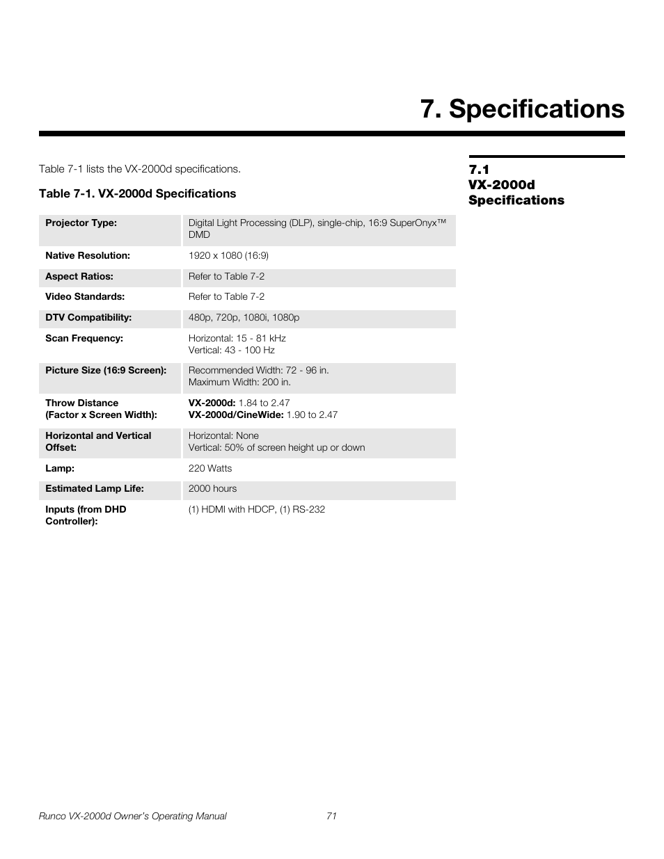 Specifications, 1 vx-2000d specifications, Table 7-1 . vx-2000d specifications | Vx-2000d specifications, Pre l iminar y | Runco VX-2000d User Manual | Page 83 / 88