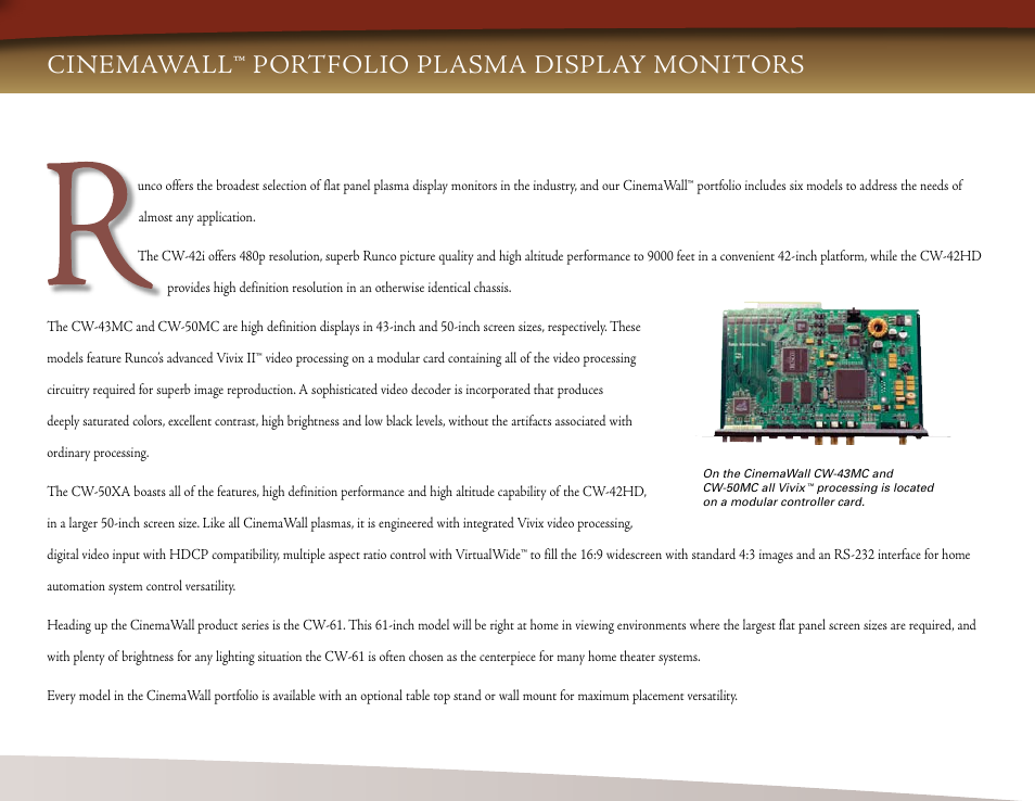 Cinemawall™ portfolio plasma display monitors | Runco CW-42i User Manual | Page 3 / 4