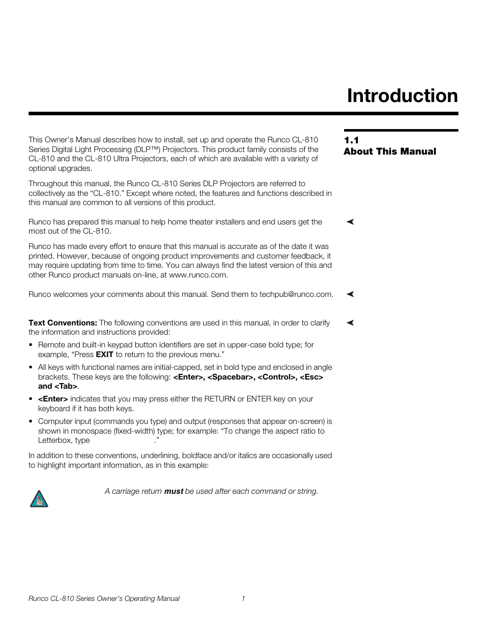 Introduction, 1 about this manual, Target audience | If you have comments about this manual, Textual and graphic conventions, Text conventions, About this manual, Pre l iminar y | Runco CL-810 CL-810 Ultra Cl-810 CineWide CL-810 / SDC-1 User Manual | Page 13 / 76