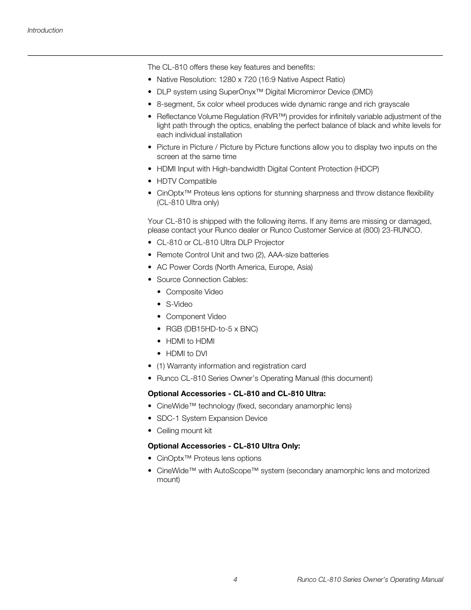 Key features and benefits, Parts list, Optional accessories - cl-810 and cl-810 ultra | Optional accessories - cl-810 ultra only, Pre l iminar y | Runco CL-810 CL-810 Ultra Cl-810 CineWide CL-810 / SDC-1 User Manual | Page 16 / 76