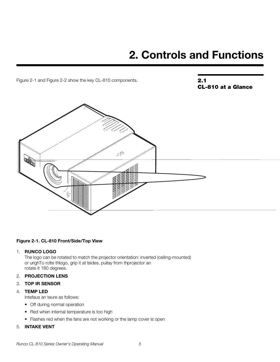 Controls and functions, 1 cl-810 at a glance, Figure 2-1 . cl-810 front/side/top view | Iminar, Cl-810 at a glance, 1. cl-810 front/side/top view, Pre l iminar y | Runco CL-810 CL-810 Ultra Cl-810 CineWide CL-810 / SDC-1 User Manual | Page 17 / 76