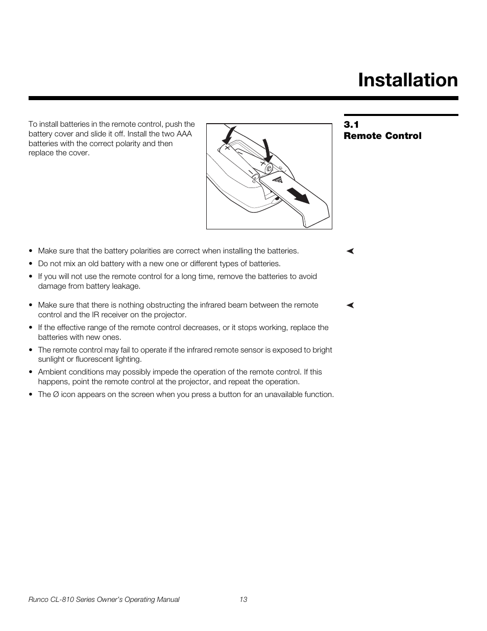Installation, 1 remote control, Notes on batteries | Notes on remote control operation, Remote control, Pre l iminar y | Runco CL-810 CL-810 Ultra Cl-810 CineWide CL-810 / SDC-1 User Manual | Page 25 / 76