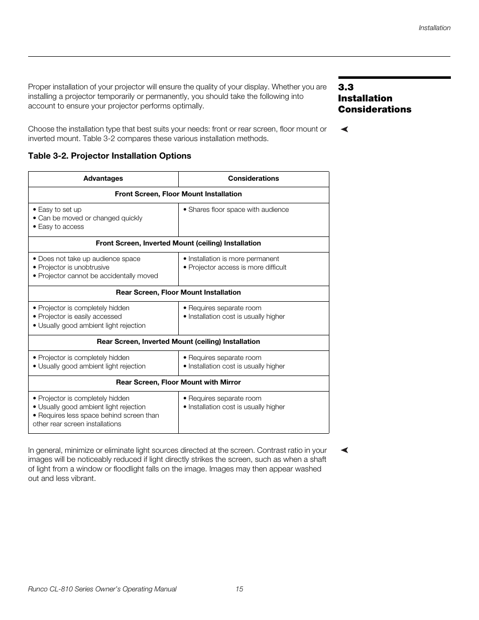 3 installation considerations, Installation type, Table 3-2 . projector installation options | Ambient light, Installation considerations, Pre l iminar y | Runco CL-810 CL-810 Ultra Cl-810 CineWide CL-810 / SDC-1 User Manual | Page 27 / 76