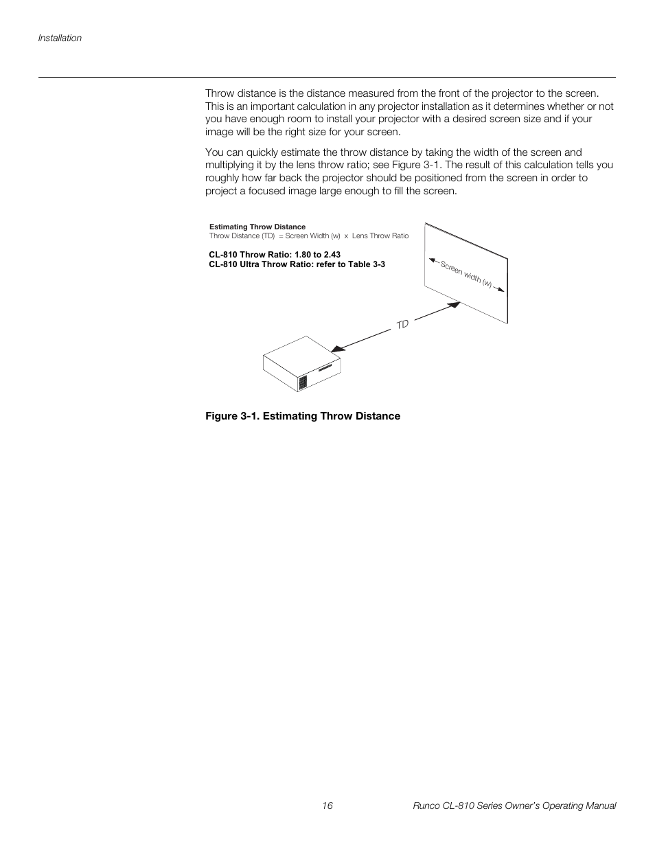 Throw distance, Figure 3-1 . estimating throw distance, 1. estimating throw distance | Pre l iminar y | Runco CL-810 CL-810 Ultra Cl-810 CineWide CL-810 / SDC-1 User Manual | Page 28 / 76