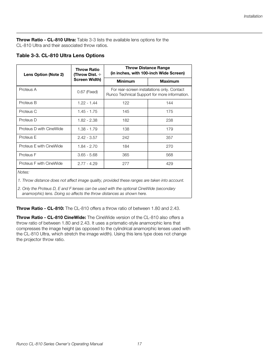 Throw ratio - cl-810 ultra, Table 3-3 . cl-810 ultra lens options, Throw ratio - cl-810 | Throw ratio - cl-810 cinewide, Pre l iminar y | Runco CL-810 CL-810 Ultra Cl-810 CineWide CL-810 / SDC-1 User Manual | Page 29 / 76