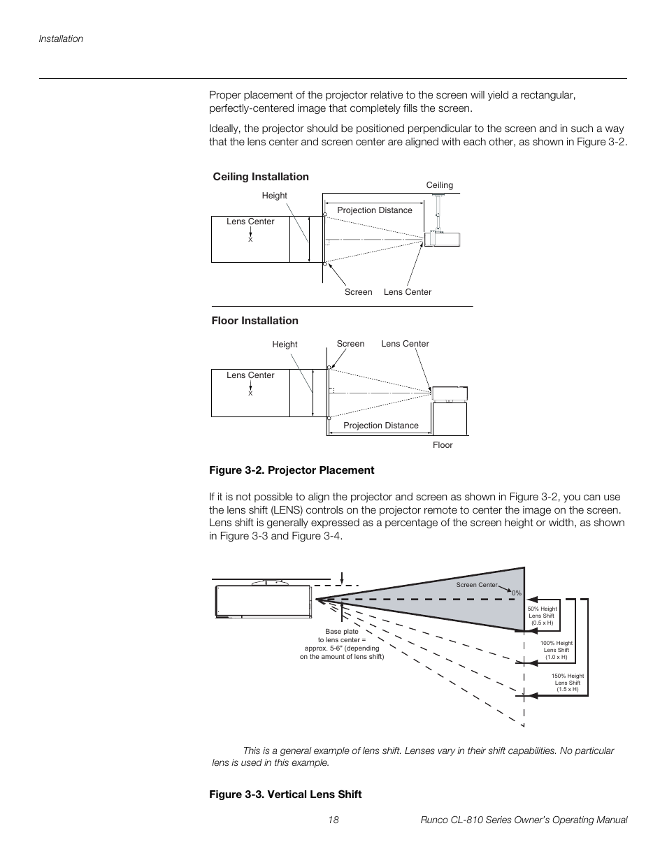 Vertical and horizontal position, Figure 3-2 . projector placement, Vertical and horizontal lens shift | Figure 3-3 . vertical lens shift, 2. projector placement, 3. vertical lens shift, Pre l iminar y | Runco CL-810 CL-810 Ultra Cl-810 CineWide CL-810 / SDC-1 User Manual | Page 30 / 76