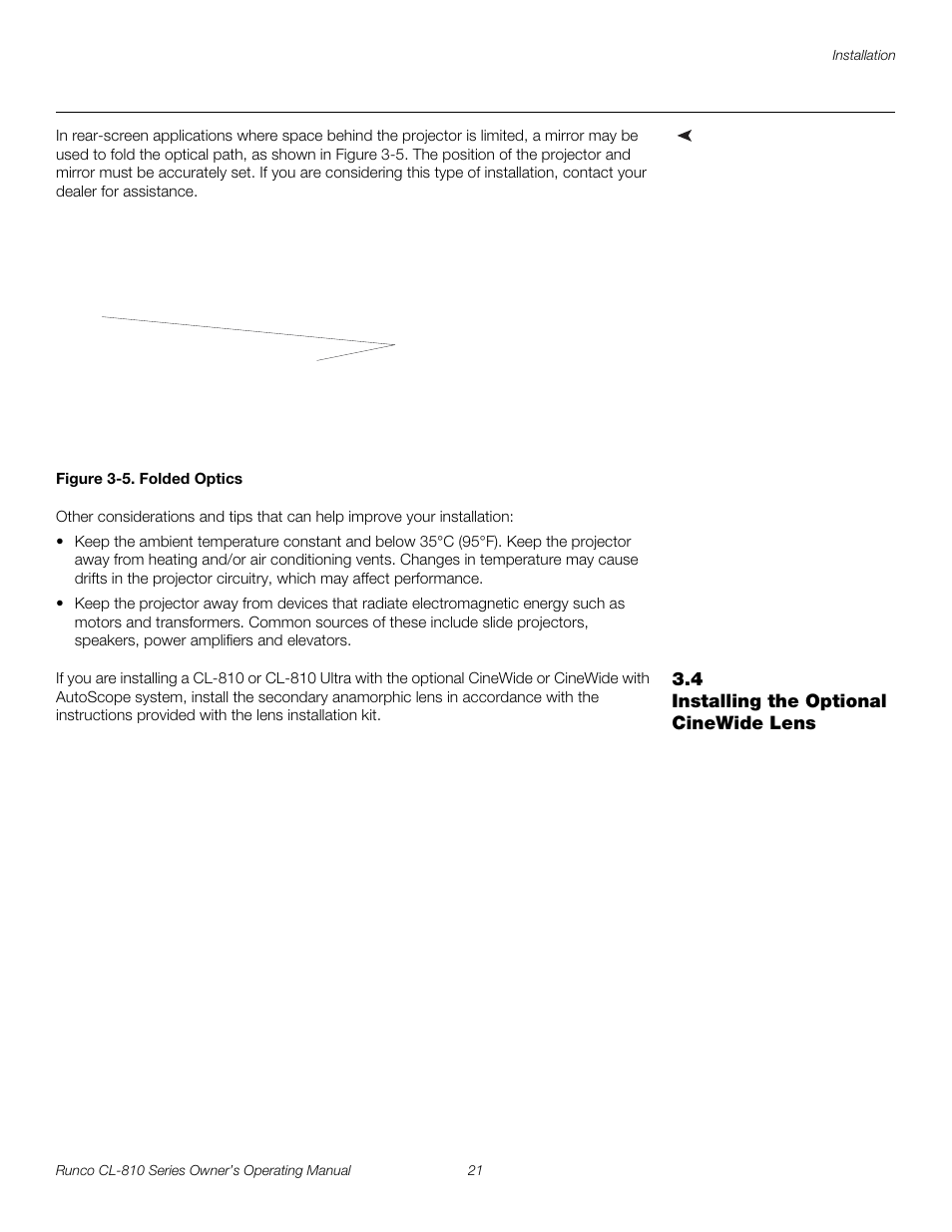 Folded optics, Figure 3-5 . folded optics, Other considerations | 4 installing the optional cinewide lens, Installing the optional cinewide lens, 5. folded optics, Pre l iminar y | Runco CL-810 CL-810 Ultra Cl-810 CineWide CL-810 / SDC-1 User Manual | Page 33 / 76