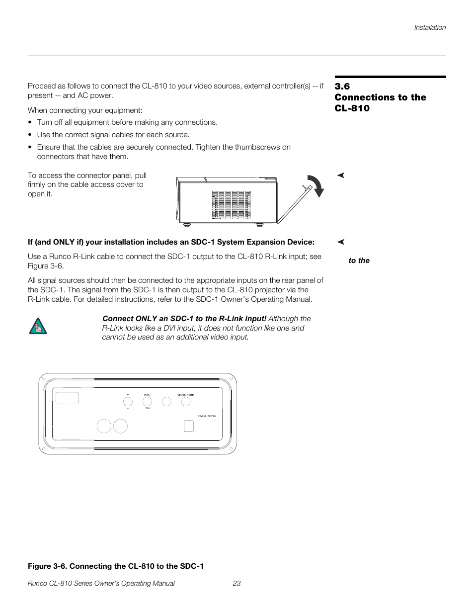 6 connections to the cl-810, Connector panel access, Figure 3-6 . connecting the cl-810 to the sdc-1 | Connections to the cl-810, 6. connecting the cl-810 to the sdc-1, Pre l iminar y | Runco CL-810 CL-810 Ultra Cl-810 CineWide CL-810 / SDC-1 User Manual | Page 35 / 76