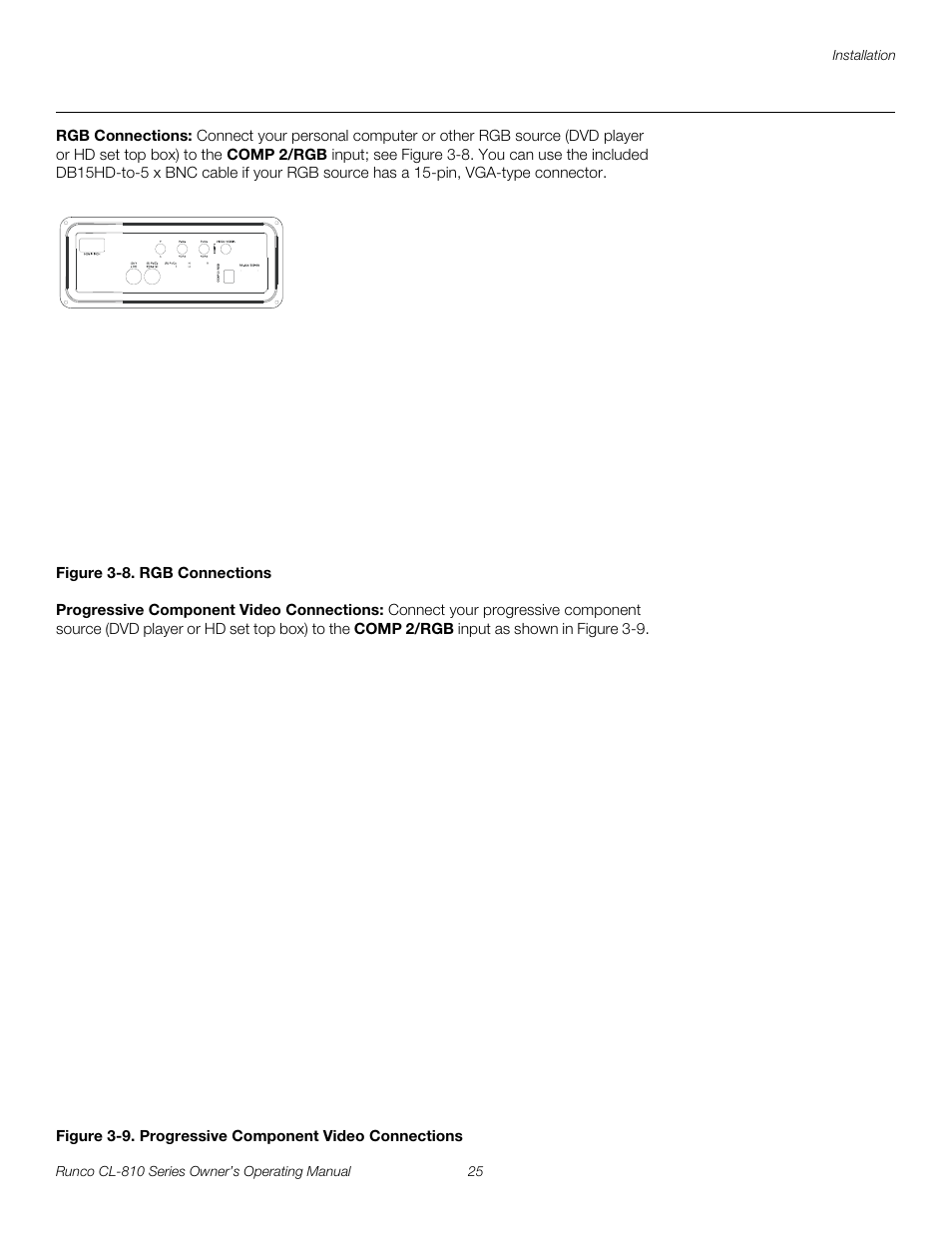 Rgb connections, Figure 3-8 . rgb connections, Progressive component video connections | 8. rgb connections, 9. progressive component video connections, Pre l iminar y | Runco CL-810 CL-810 Ultra Cl-810 CineWide CL-810 / SDC-1 User Manual | Page 37 / 76