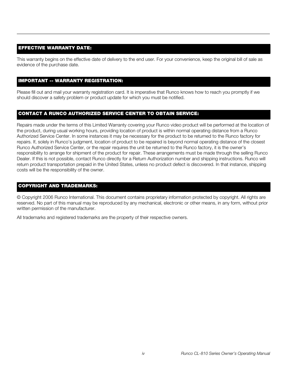 Pre l iminar y | Runco CL-810 CL-810 Ultra Cl-810 CineWide CL-810 / SDC-1 User Manual | Page 4 / 76