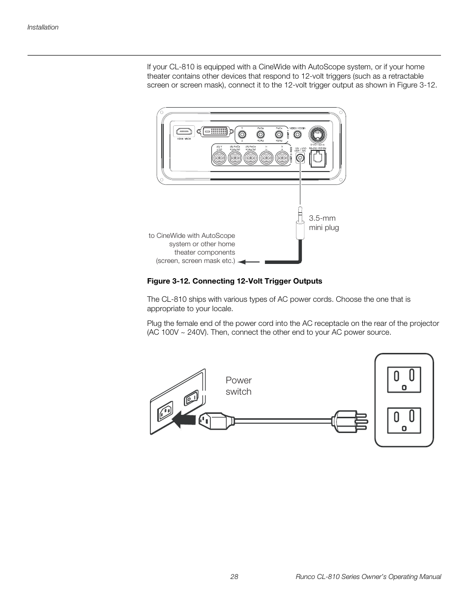 Figure 3-12 . connecting 12-volt trigger outputs, Connecting to ac power, 12. connecting 12-volt trigger outputs | Pre l iminar y | Runco CL-810 CL-810 Ultra Cl-810 CineWide CL-810 / SDC-1 User Manual | Page 40 / 76