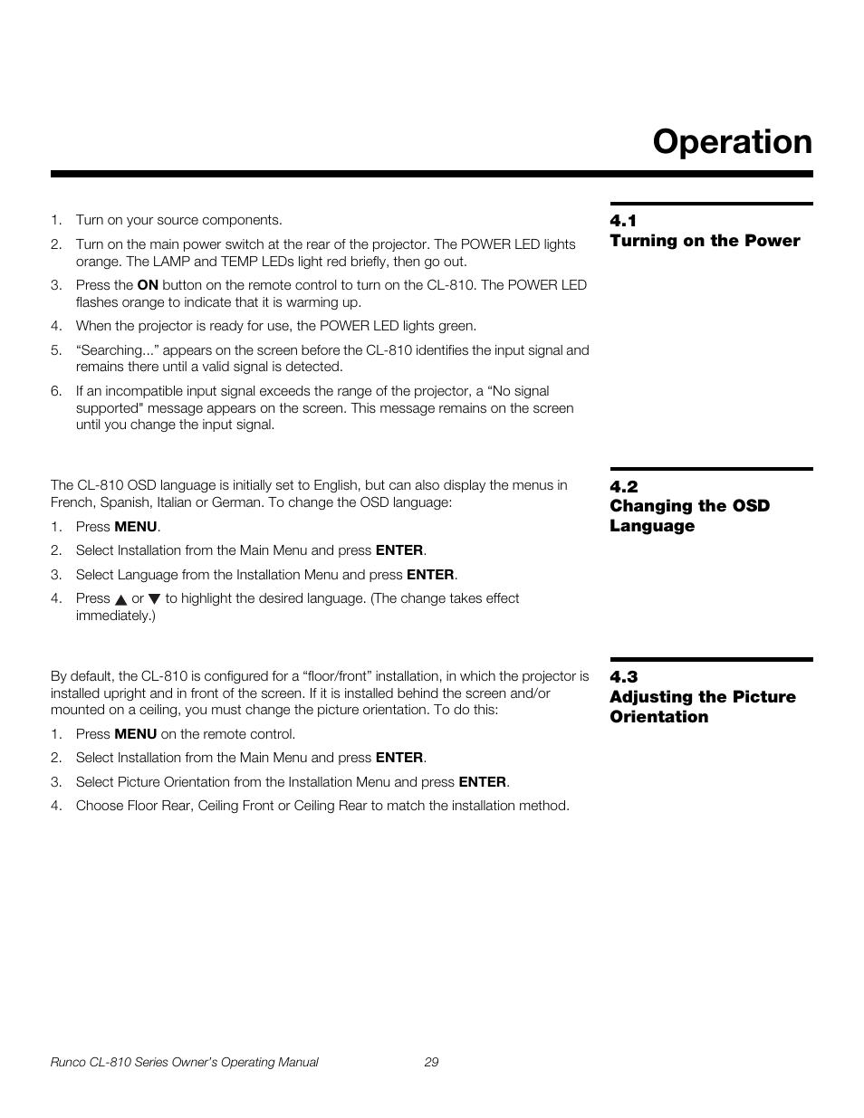 Operation, 1 turning on the power, 2 changing the osd language | 3 adjusting the picture orientation, Turning on the power, Changing the osd language, Adjusting the picture orientation, Pre l iminar y | Runco CL-810 CL-810 Ultra Cl-810 CineWide CL-810 / SDC-1 User Manual | Page 41 / 76