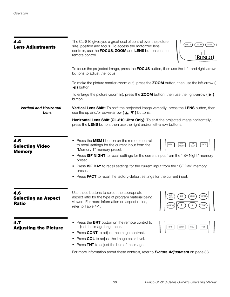 4 lens adjustments, Focus, Zoom | Vertical and horizontal lens shift, Vertical lens shift, Horizontal lens shift (cl-810 ultra only), 5 selecting video memory, 6 selecting an aspect ratio, 7 adjusting the picture, Iminar | Runco CL-810 CL-810 Ultra Cl-810 CineWide CL-810 / SDC-1 User Manual | Page 42 / 76