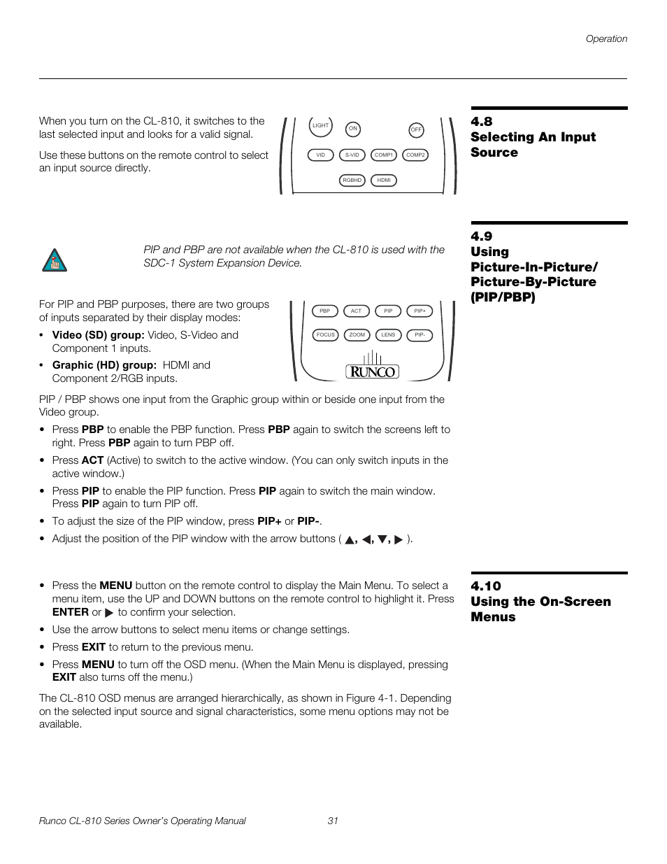 8 selecting an input source, 10 using the on-screen menus, Selecting an input source | Using the on-screen menus, Pre l iminar y | Runco CL-810 CL-810 Ultra Cl-810 CineWide CL-810 / SDC-1 User Manual | Page 43 / 76