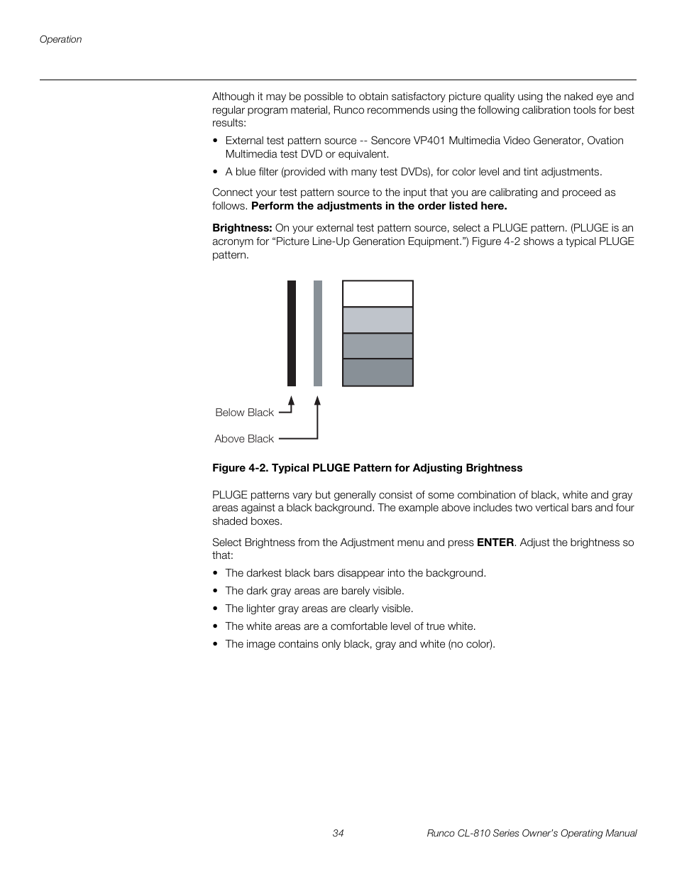 Brightness, 2. typical pluge pattern for adjusting brightness, Pre l iminar y | Runco CL-810 CL-810 Ultra Cl-810 CineWide CL-810 / SDC-1 User Manual | Page 46 / 76