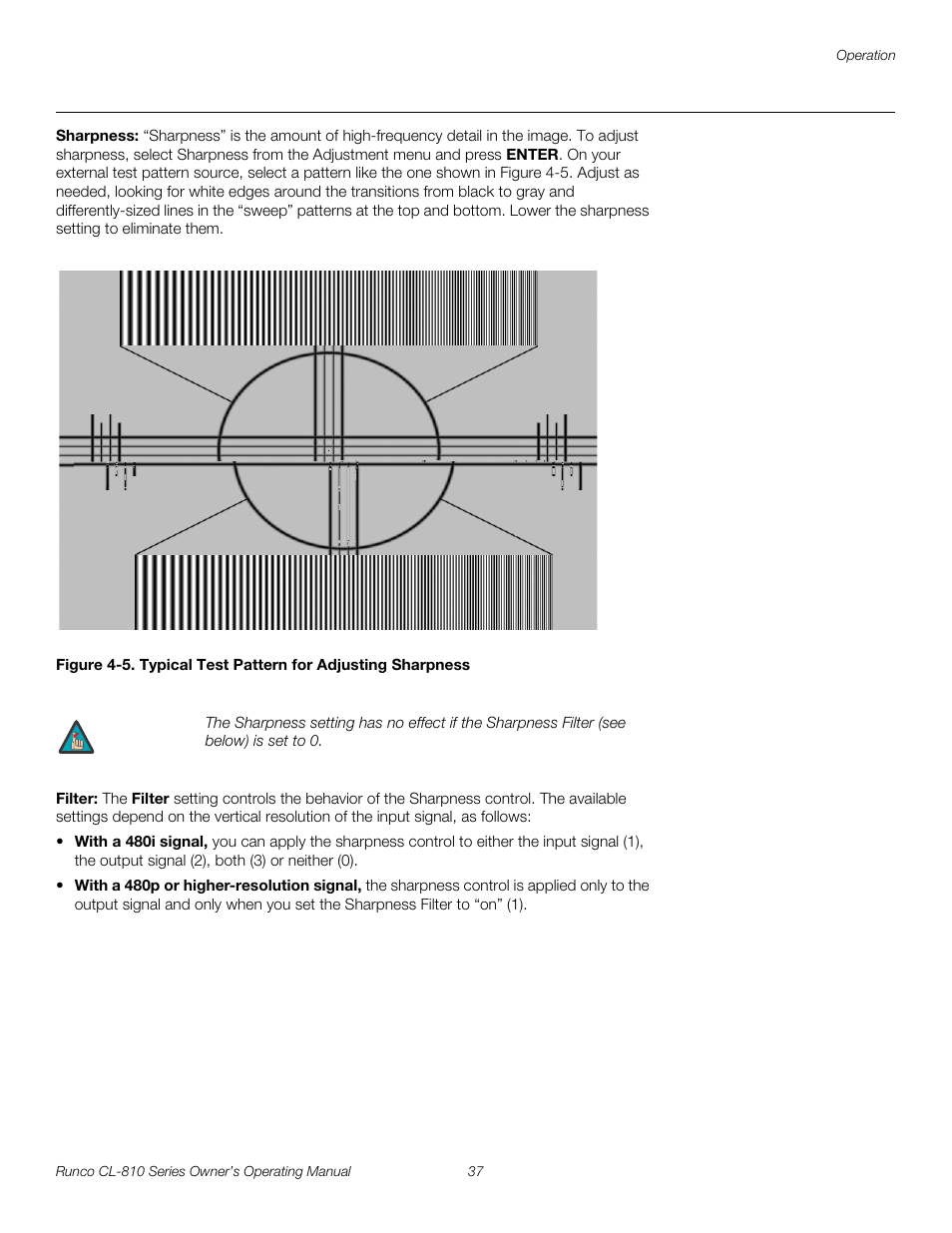 Sharpness, Filter, 5. typical test pattern for adjusting sharpness | Pre l iminar y | Runco CL-810 CL-810 Ultra Cl-810 CineWide CL-810 / SDC-1 User Manual | Page 49 / 76
