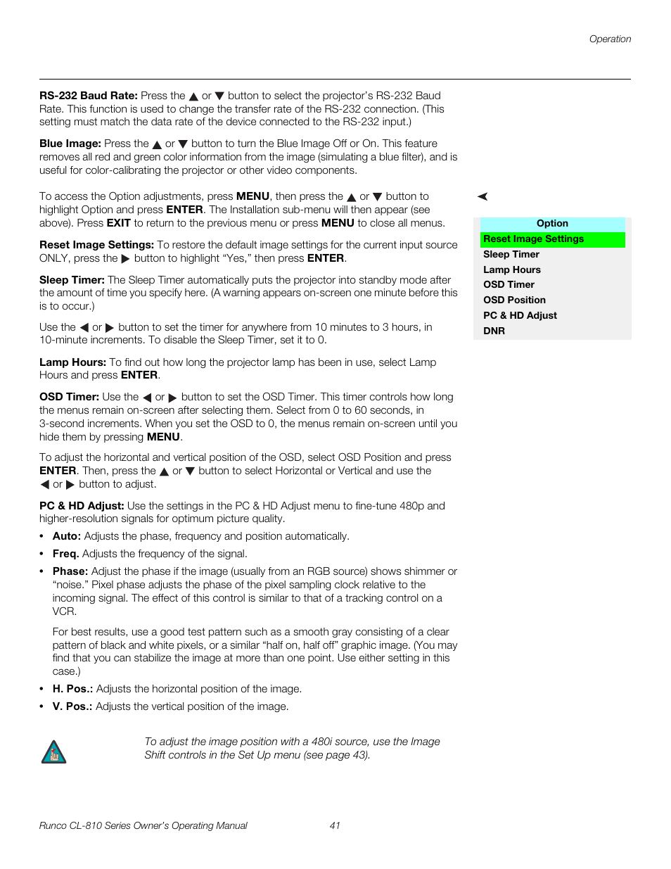Rs-232 baud rate, Blue image, Option | Reset image settings, Sleep timer, Lamp hours, Osd timer, Pc & hd adjust, Pre l iminar y | Runco CL-810 CL-810 Ultra Cl-810 CineWide CL-810 / SDC-1 User Manual | Page 53 / 76