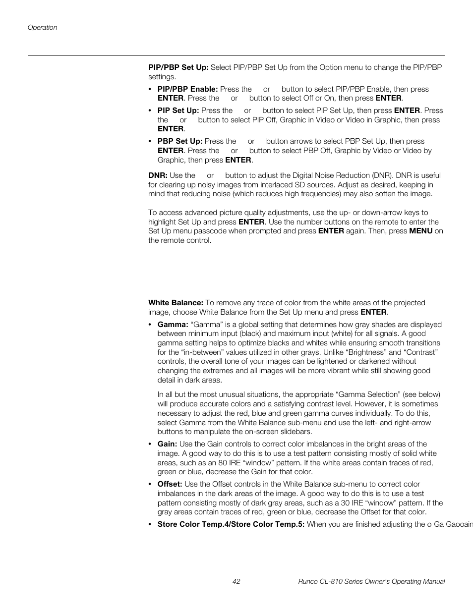 Pip/pbp set up, Set up, White balance | Pre l iminar y | Runco CL-810 CL-810 Ultra Cl-810 CineWide CL-810 / SDC-1 User Manual | Page 54 / 76