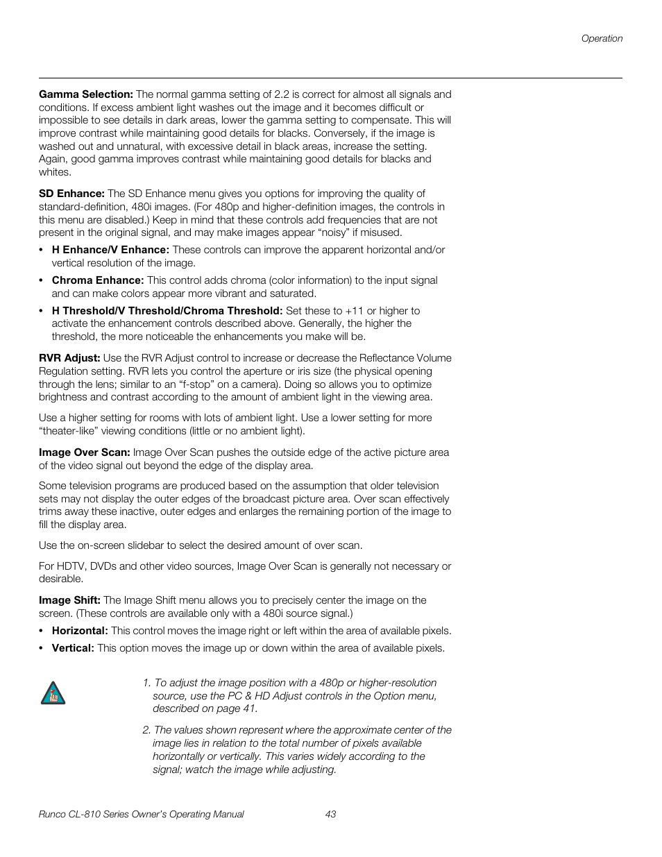 Gamma selection, Sd enhance, Rvr adjust | Image over scan, Image shift, H 43, Pre l iminar y | Runco CL-810 CL-810 Ultra Cl-810 CineWide CL-810 / SDC-1 User Manual | Page 55 / 76