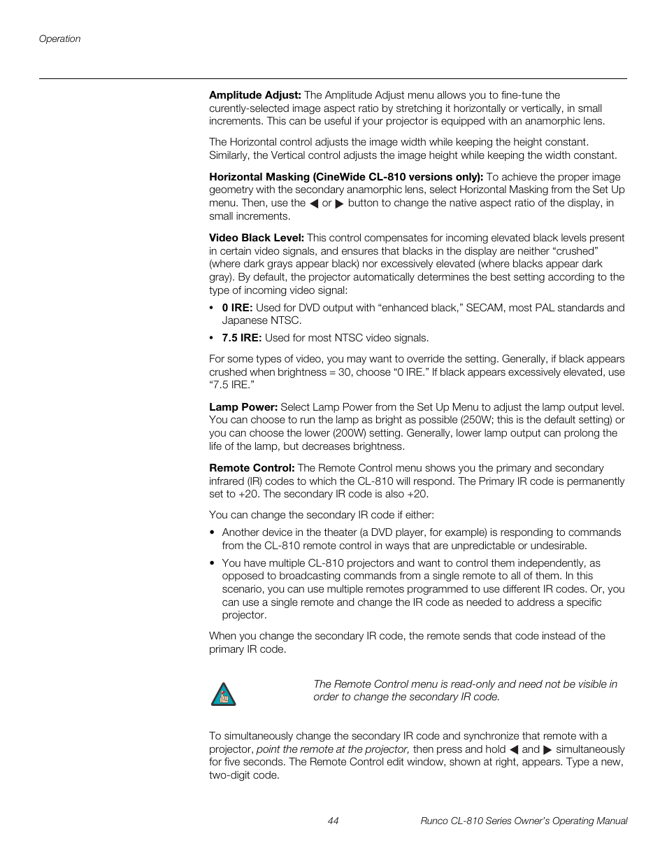 Amplitude adjust, Horizontal masking (cinewide cl-810 versions only), Video black level | Lamp power, Remote control, Pre l iminar y | Runco CL-810 CL-810 Ultra Cl-810 CineWide CL-810 / SDC-1 User Manual | Page 56 / 76