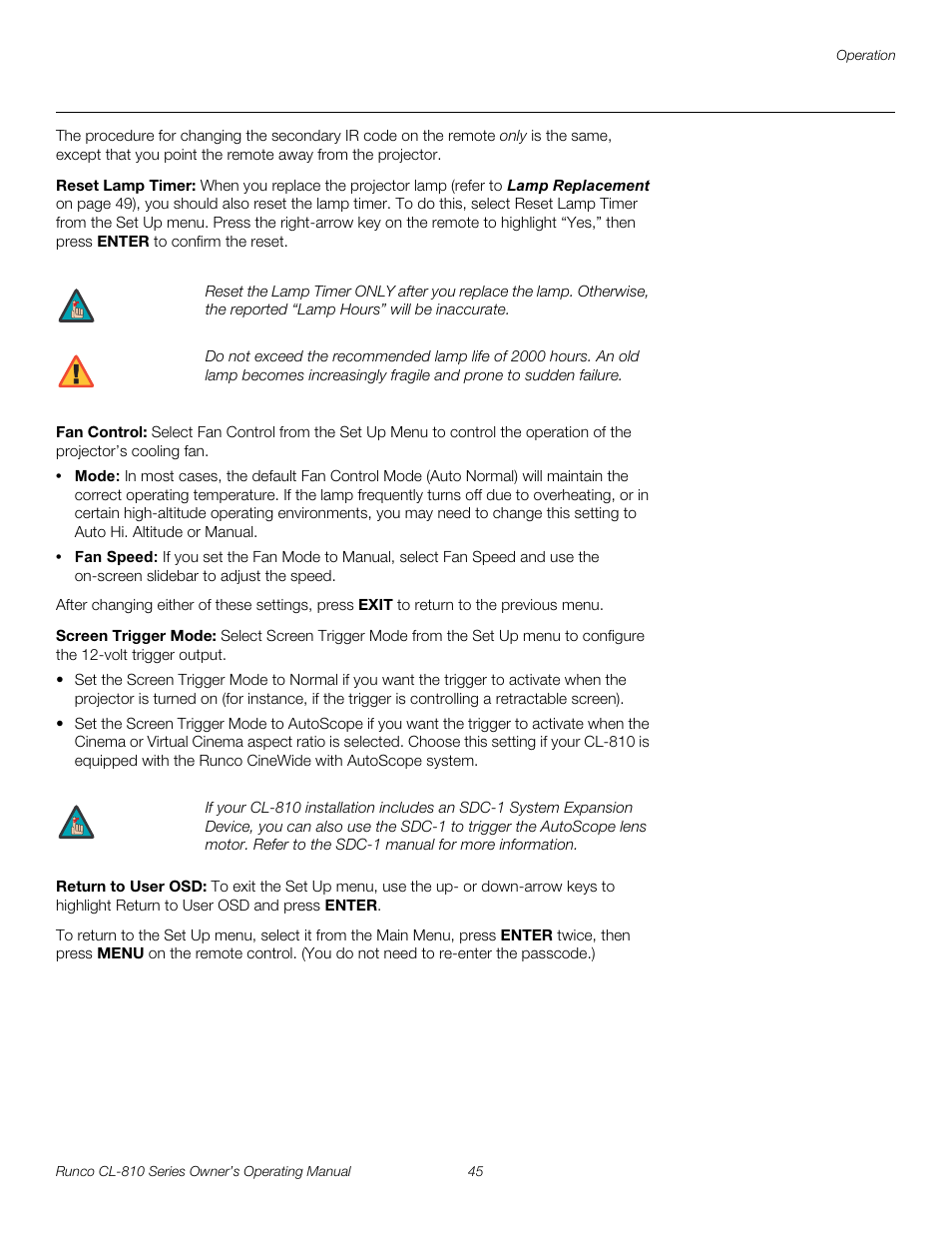 Reset lamp timer, Fan control, Screen trigger mode | Return to user osd, Pre l iminar y | Runco CL-810 CL-810 Ultra Cl-810 CineWide CL-810 / SDC-1 User Manual | Page 57 / 76