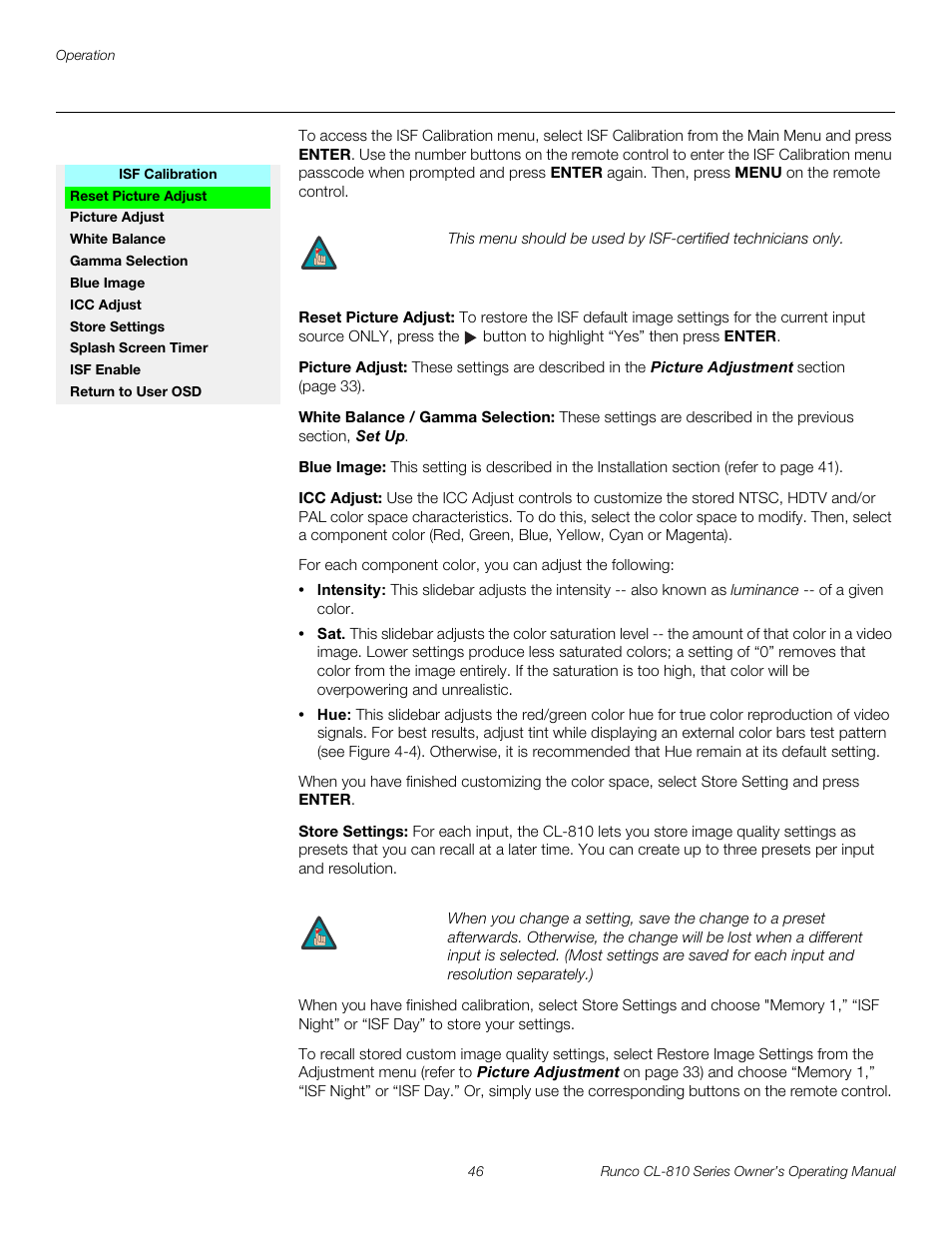 Isf calibration, Reset picture adjust, Picture adjust | White balance / gamma selection, Blue image, Icc adjust, Store settings, Pre l iminar y | Runco CL-810 CL-810 Ultra Cl-810 CineWide CL-810 / SDC-1 User Manual | Page 58 / 76