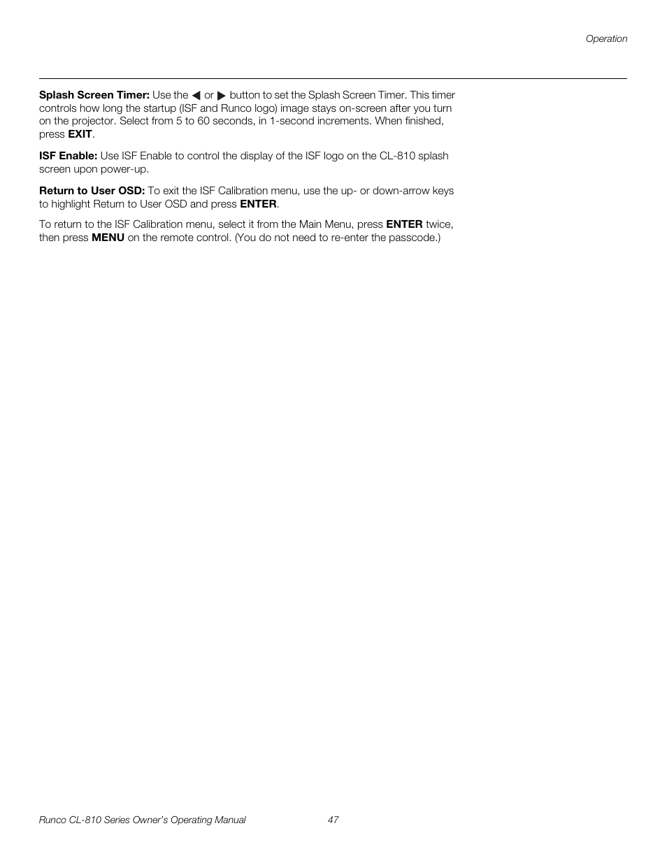 Splash screen timer, Isf enable, Return to user osd | Pre l iminar y | Runco CL-810 CL-810 Ultra Cl-810 CineWide CL-810 / SDC-1 User Manual | Page 59 / 76