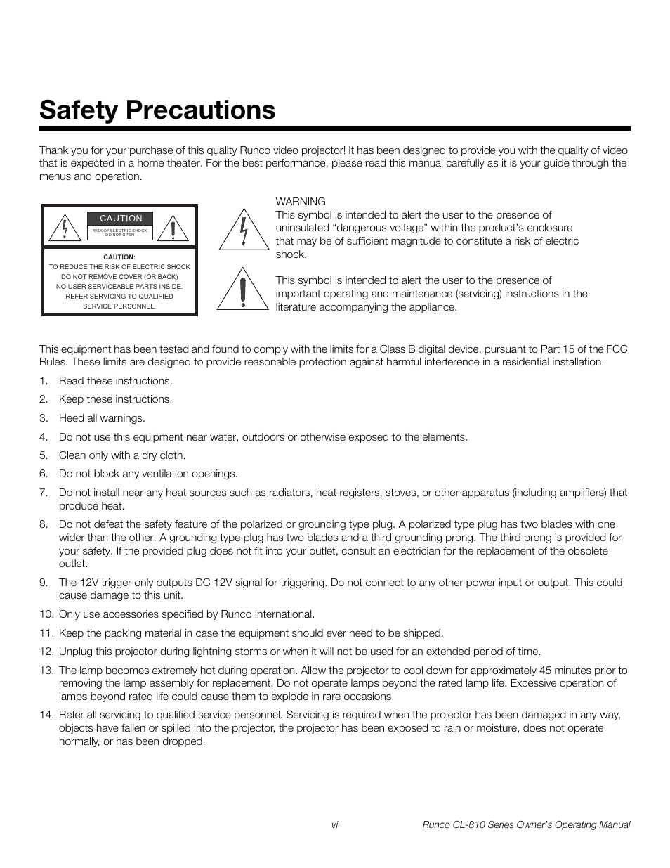 Safety precautions, Pre l iminar y | Runco CL-810 CL-810 Ultra Cl-810 CineWide CL-810 / SDC-1 User Manual | Page 6 / 76