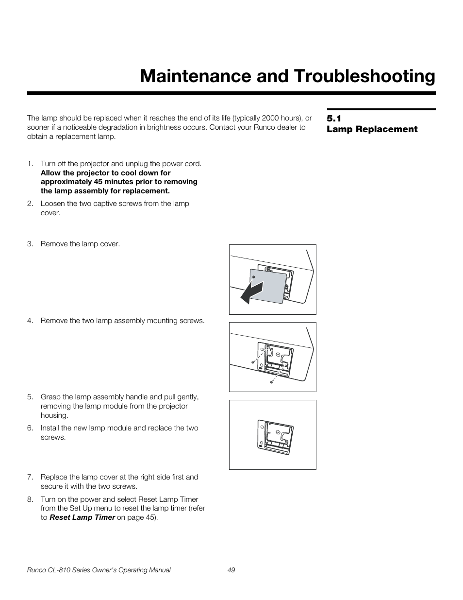 Maintenance and troubleshooting, 1 lamp replacement, Lamp replacement | Pre l iminar y | Runco CL-810 CL-810 Ultra Cl-810 CineWide CL-810 / SDC-1 User Manual | Page 61 / 76