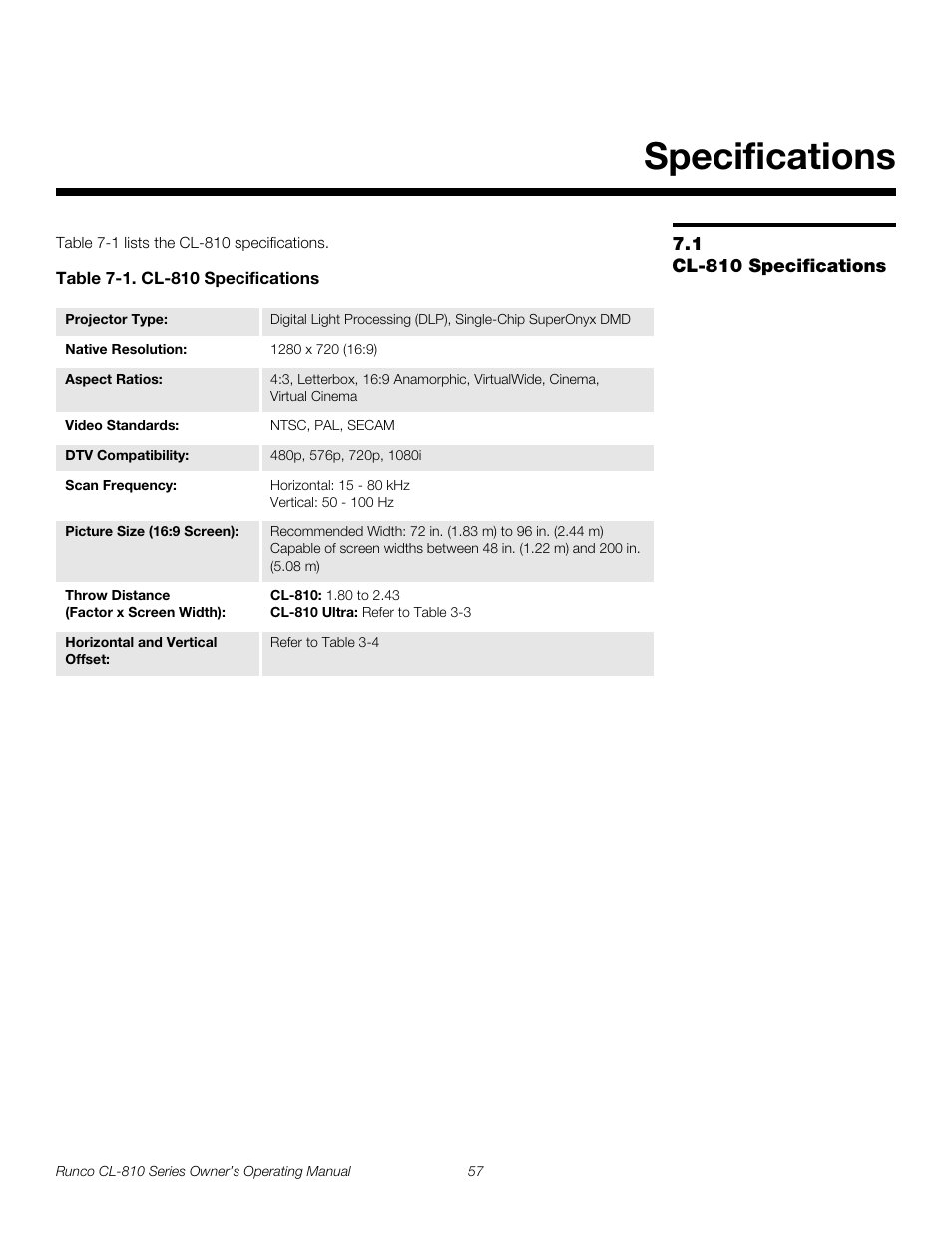 Specifications, 1 cl-810 specifications, Table 7-1 . cl-810 specifications | Cl-810 specifications, Pre l iminar y | Runco CL-810 CL-810 Ultra Cl-810 CineWide CL-810 / SDC-1 User Manual | Page 69 / 76