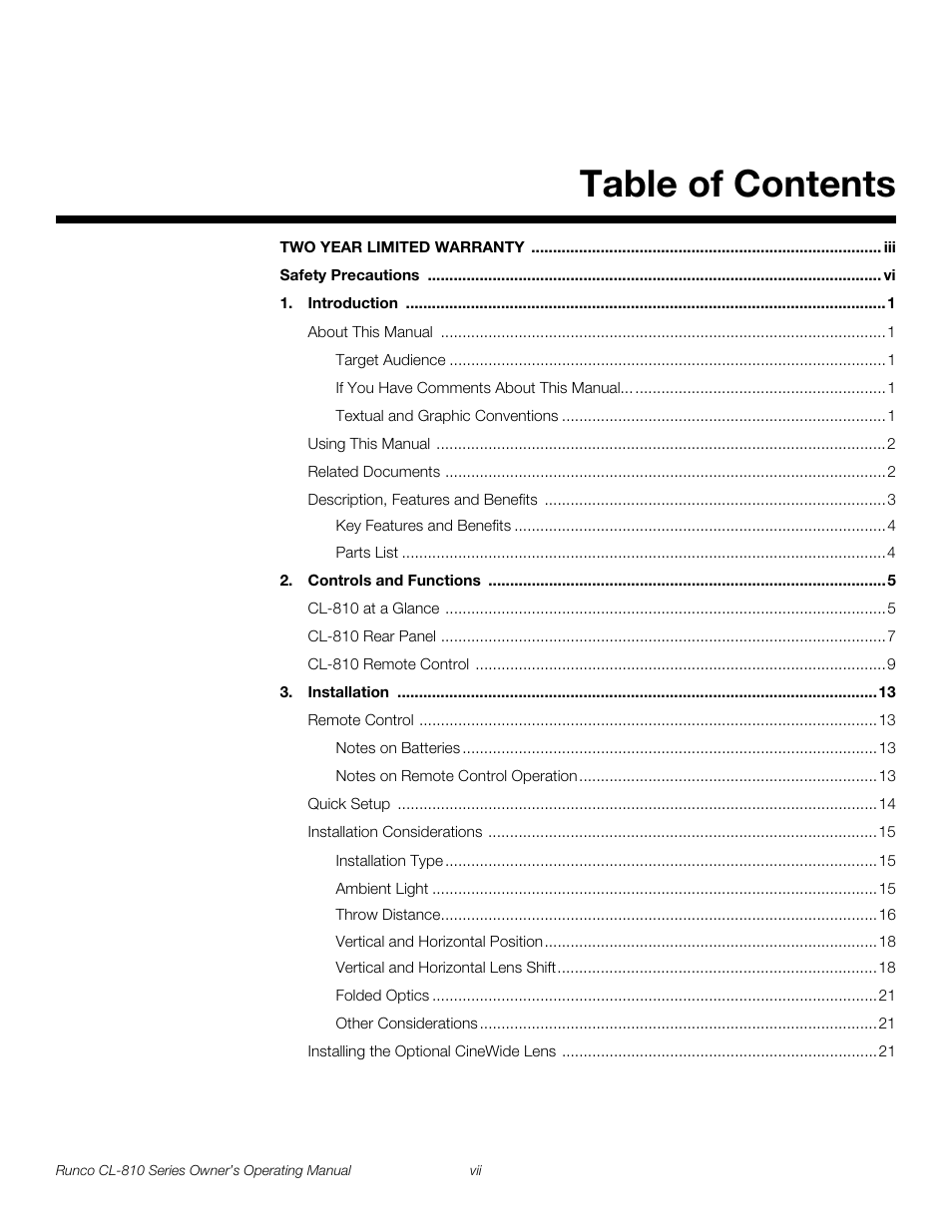 Runco CL-810 CL-810 Ultra Cl-810 CineWide CL-810 / SDC-1 User Manual | Page 7 / 76