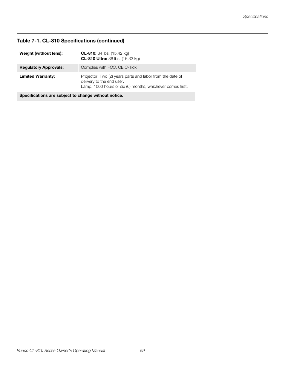 Pre l iminar y | Runco CL-810 CL-810 Ultra Cl-810 CineWide CL-810 / SDC-1 User Manual | Page 71 / 76