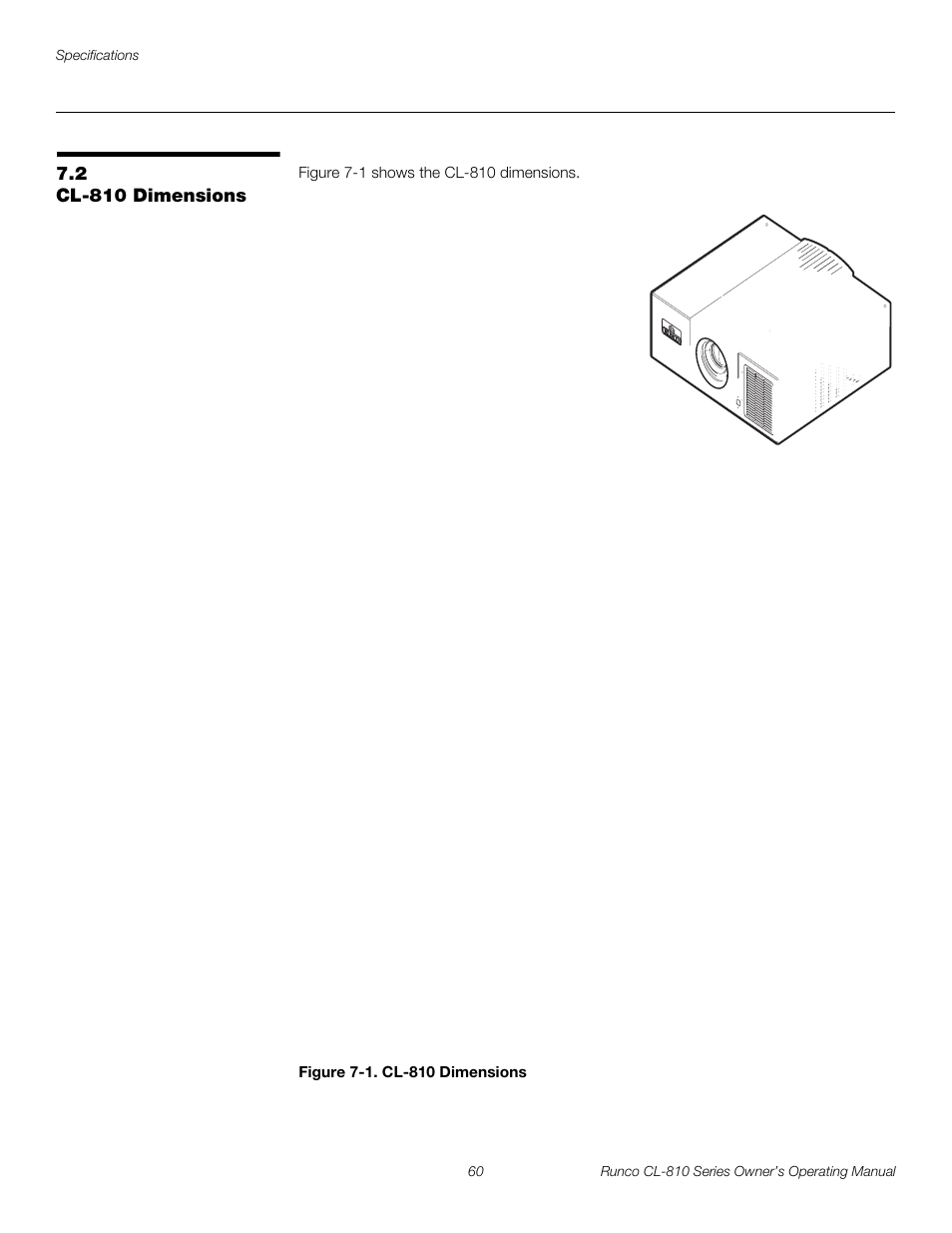 2 cl-810 dimensions, Figure 7-1 . cl-810 dimensions, Cl-810 dimensions | 1. cl-810 dimensions, Preli m inary | Runco CL-810 CL-810 Ultra Cl-810 CineWide CL-810 / SDC-1 User Manual | Page 72 / 76