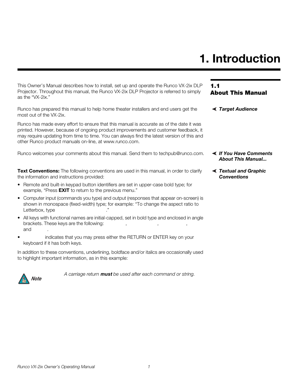 Introduction, 1 about this manual, Target audience | If you have comments about this manual, Textual and graphic conventions, Text conventions, About this manual | Runco Video Xtreme VX-2ix User Manual | Page 13 / 80