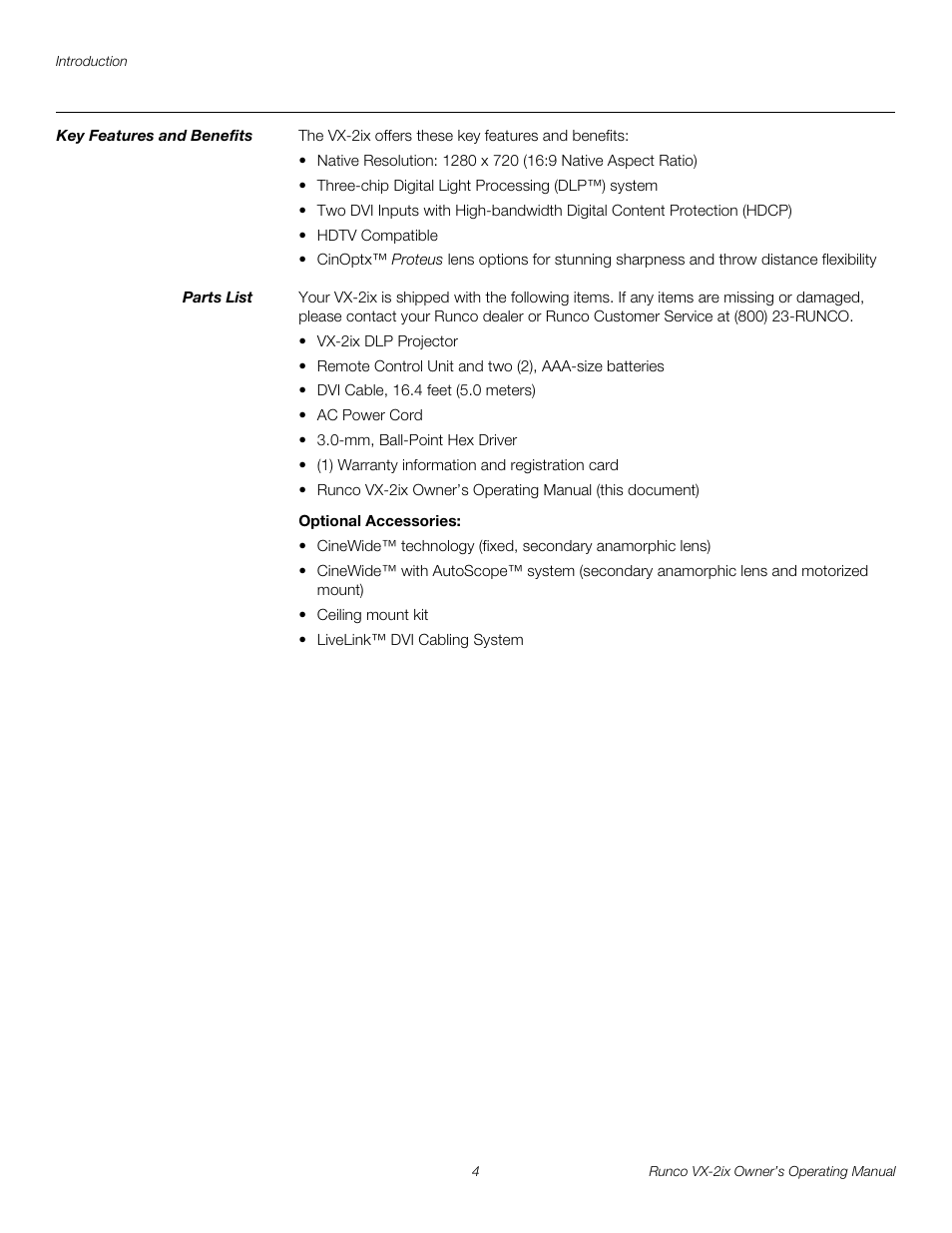 Key features and benefits, Parts list, Optional accessories | Runco Video Xtreme VX-2ix User Manual | Page 16 / 80