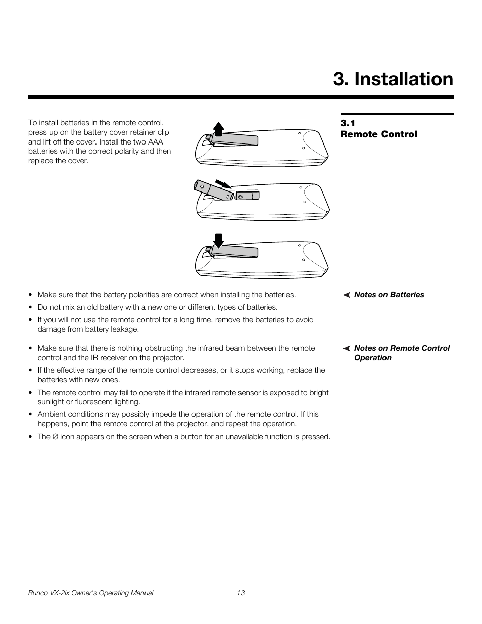 Installation, 1 remote control, Notes on batteries | Notes on remote control operation, Remote control | Runco Video Xtreme VX-2ix User Manual | Page 25 / 80