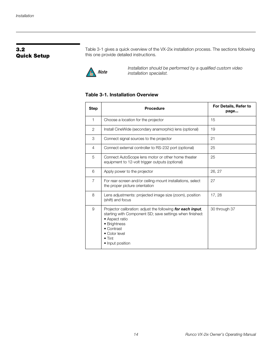2 quick setup, Table 3-1 . installation overview, Quick setup | Runco Video Xtreme VX-2ix User Manual | Page 26 / 80