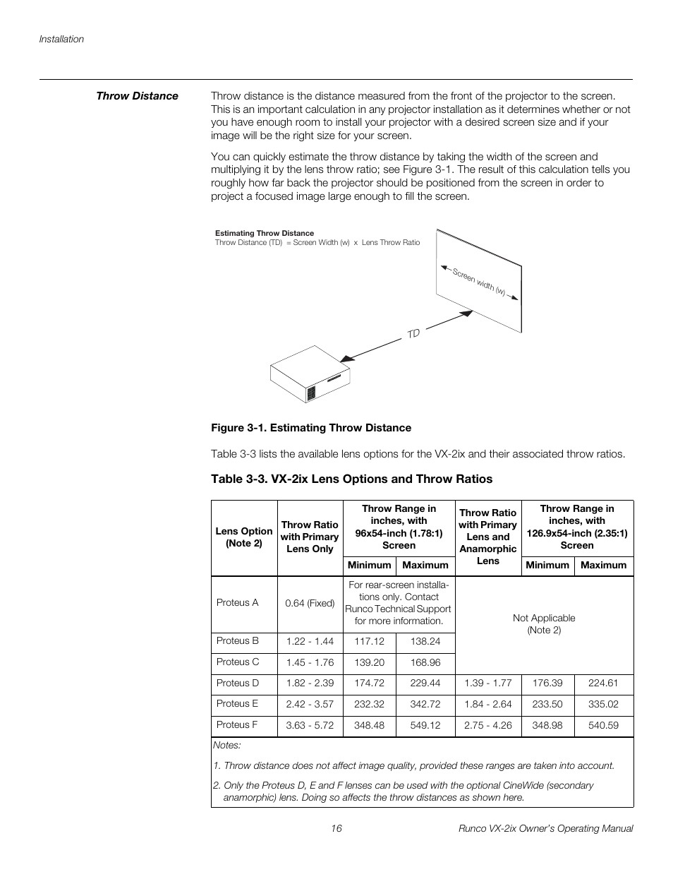 Throw distance, Figure 3-1 . estimating throw distance, Table 3-3 . vx-2ix lens options and throw ratios | 1. estimating throw distance | Runco Video Xtreme VX-2ix User Manual | Page 28 / 80