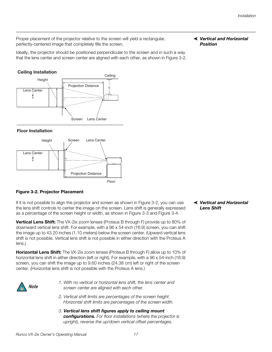 Vertical and horizontal position, Figure 3-2 . projector placement, Vertical and horizontal lens shift | Vertical lens shift, Horizontal lens shift, 2. projector placement | Runco Video Xtreme VX-2ix User Manual | Page 29 / 80