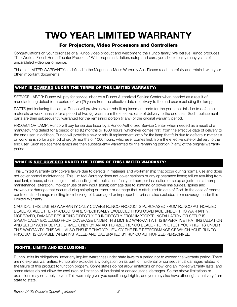 Two year limited warranty | Runco Video Xtreme VX-2ix User Manual | Page 3 / 80
