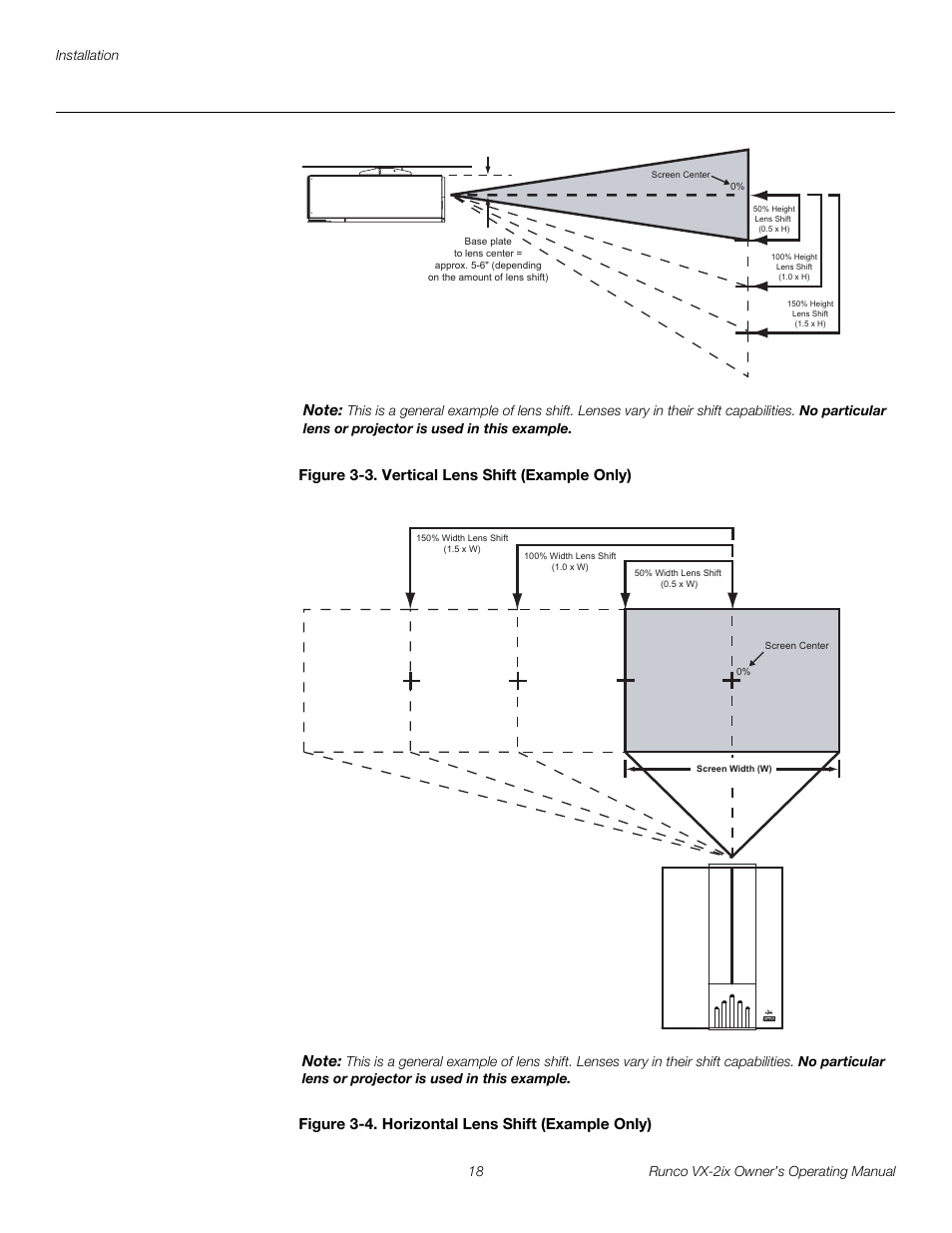 Figure 3-3 . vertical lens shift (example only), Figure 3-4 . horizontal lens shift (example only), 3. vertical lens shift (example only) | 4. horizontal lens shift (example only), Figure 3-3 and figure 3-4 | Runco Video Xtreme VX-2ix User Manual | Page 30 / 80