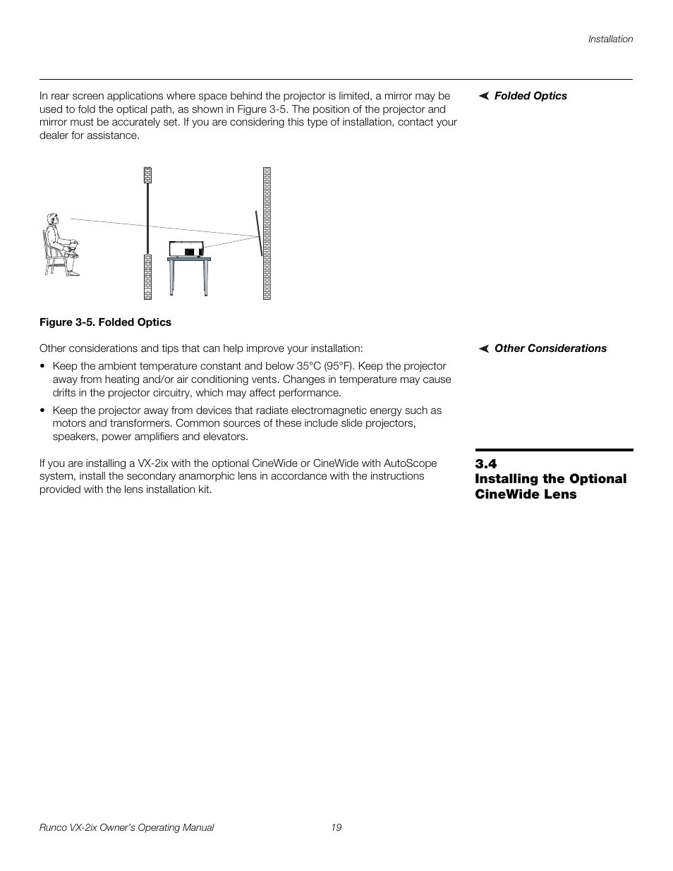 Folded optics, Figure 3-5 . folded optics, Other considerations | 4 installing the optional cinewide lens, Installing the optional cinewide lens, 5. folded optics | Runco Video Xtreme VX-2ix User Manual | Page 31 / 80