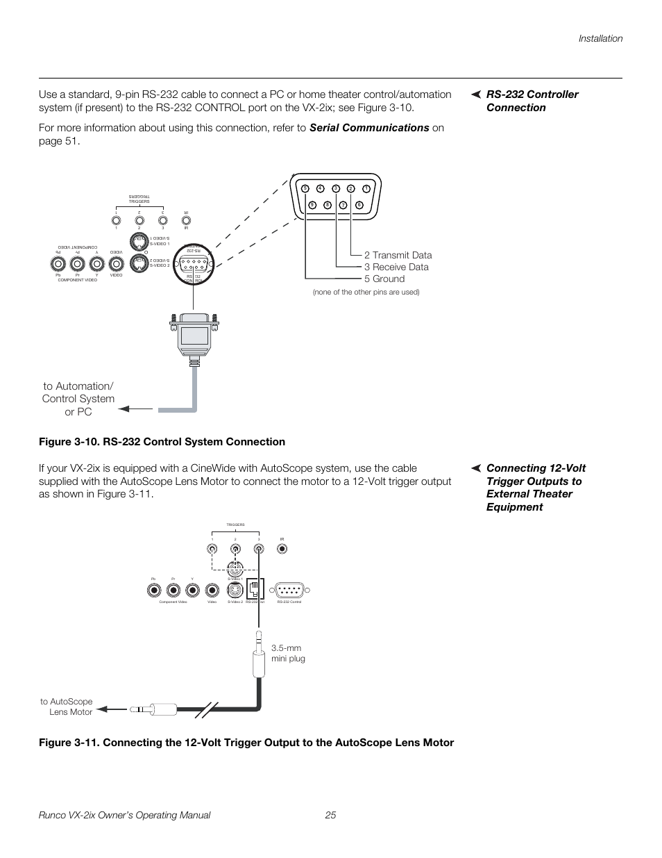 Rs-232 controller connection, Figure 3-10 . rs-232 control system connection, 10. rs-232 control system connection | Rs-232 controller, 2 transmit data 3 receive data 5 ground, Mm mini plug to autoscope lens motor | Runco Video Xtreme VX-2ix User Manual | Page 37 / 80