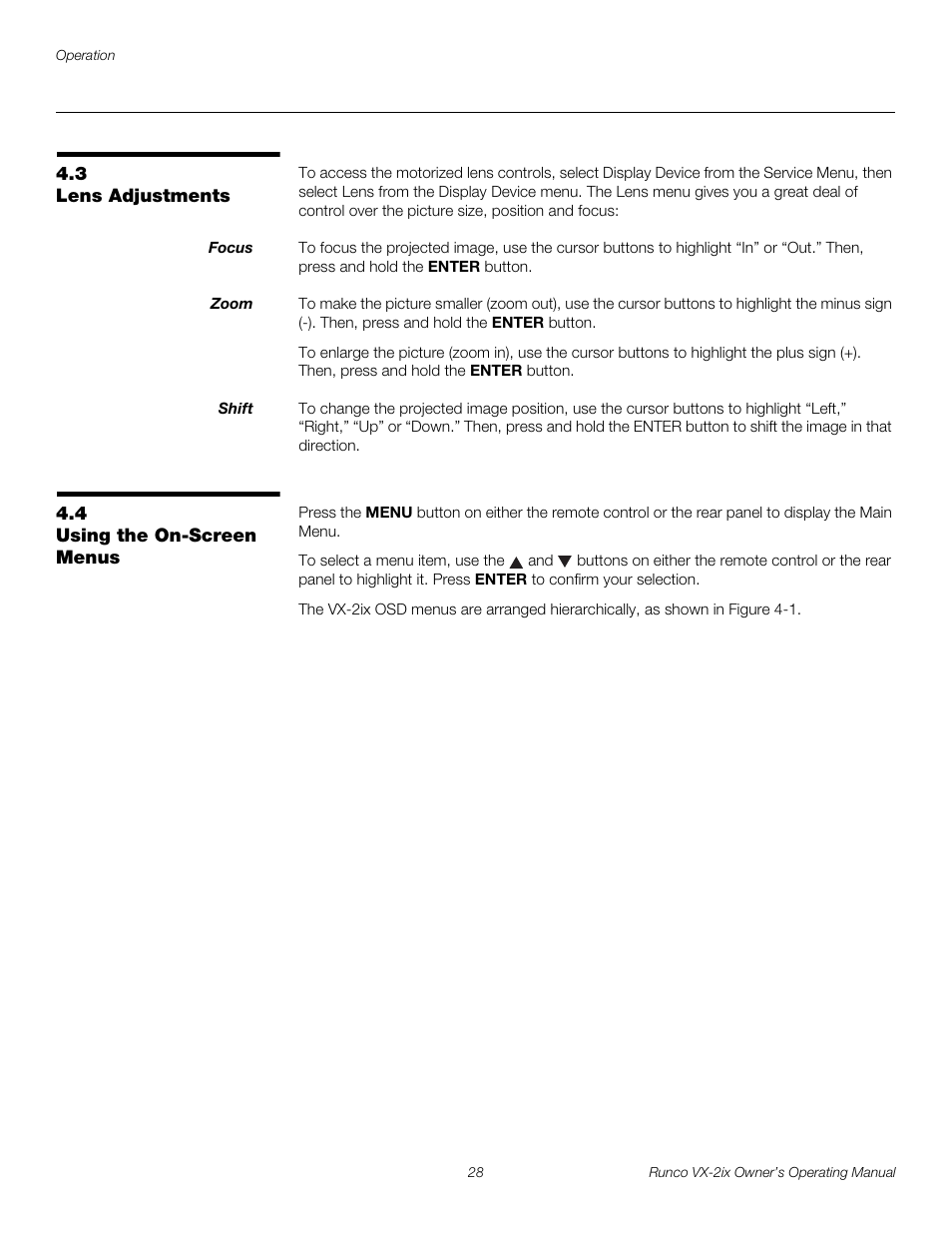 3 lens adjustments, Focus, Zoom | Shift, 4 using the on-screen menus, Lens adjustments, Using the on-screen menus | Runco Video Xtreme VX-2ix User Manual | Page 40 / 80