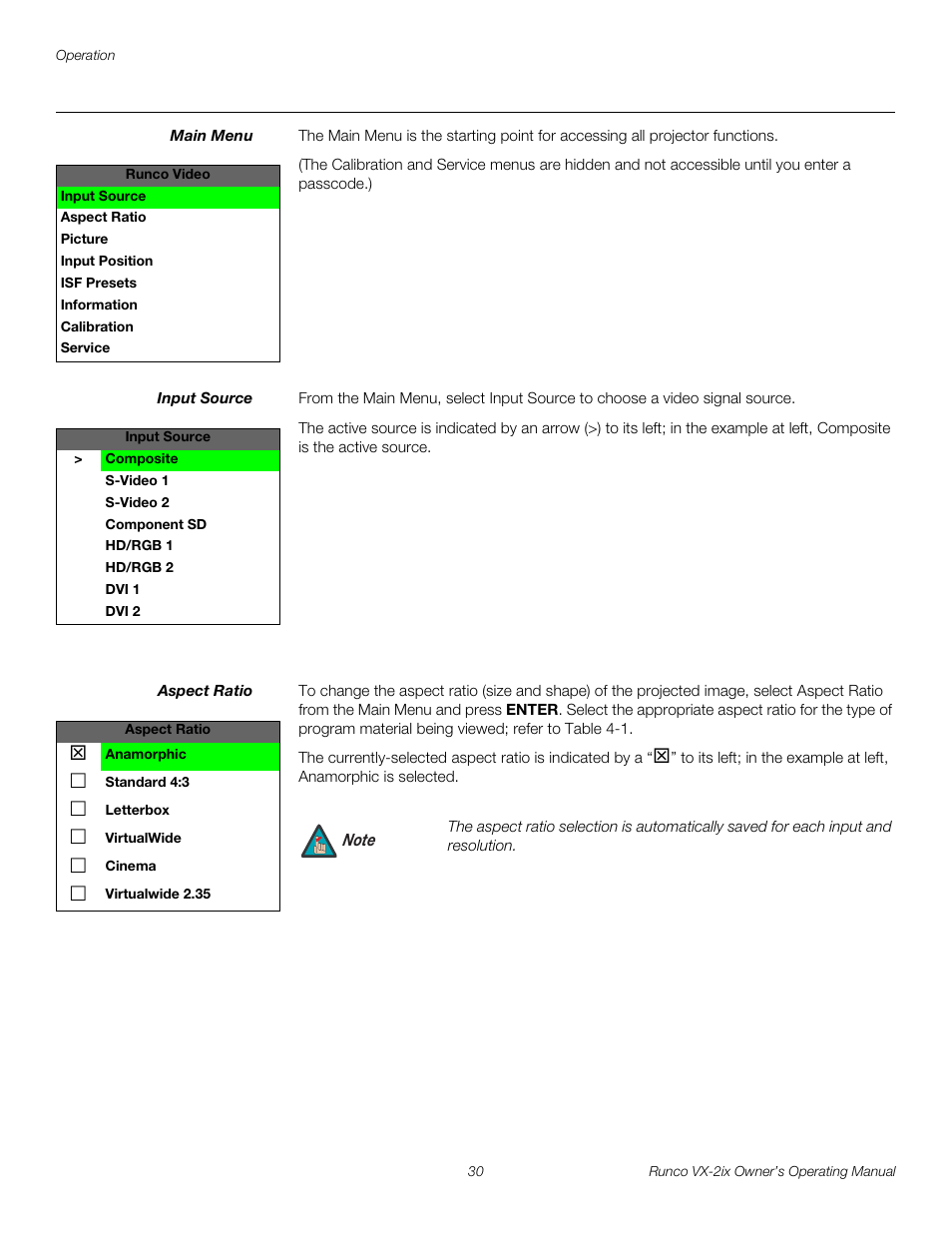 Main menu, Input source, Aspect ratio | Runco Video Xtreme VX-2ix User Manual | Page 42 / 80