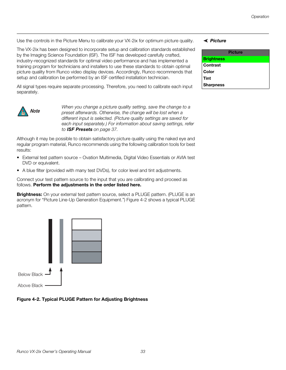 Picture, Brightness, 2. typical pluge pattern for adjusting brightness | Runco Video Xtreme VX-2ix User Manual | Page 45 / 80