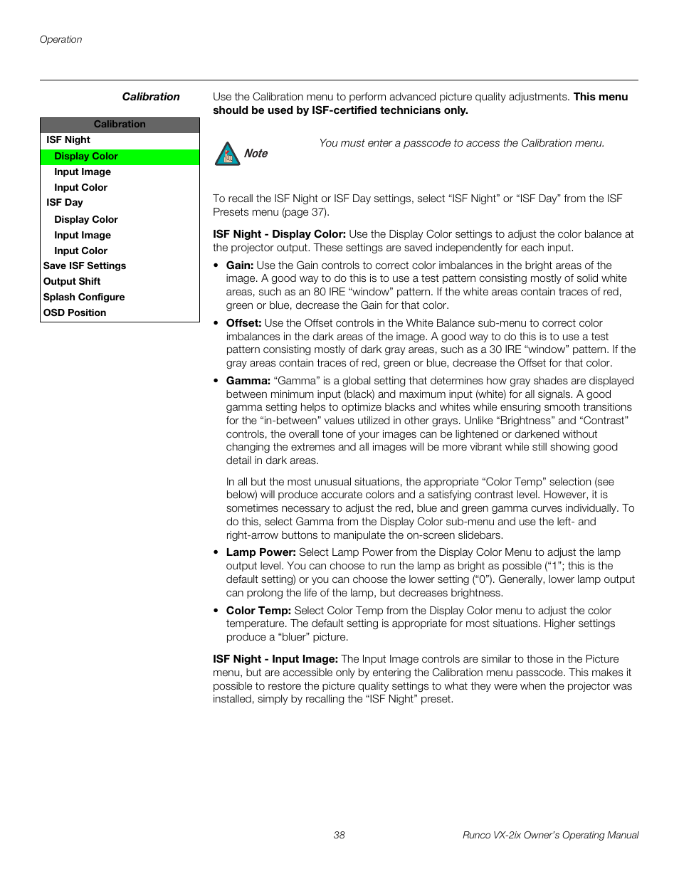 Calibration, Isf night - display color, Isf night - input image | Runco Video Xtreme VX-2ix User Manual | Page 50 / 80