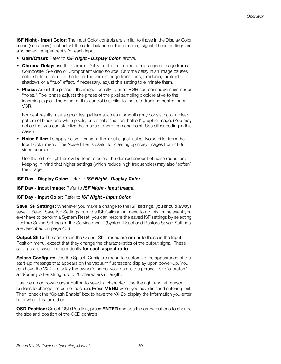Isf night - input color, Isf day - display color, Isf day - input image | Isf day - input color, Save isf settings, Output shift, Splash configure, Osd position | Runco Video Xtreme VX-2ix User Manual | Page 51 / 80