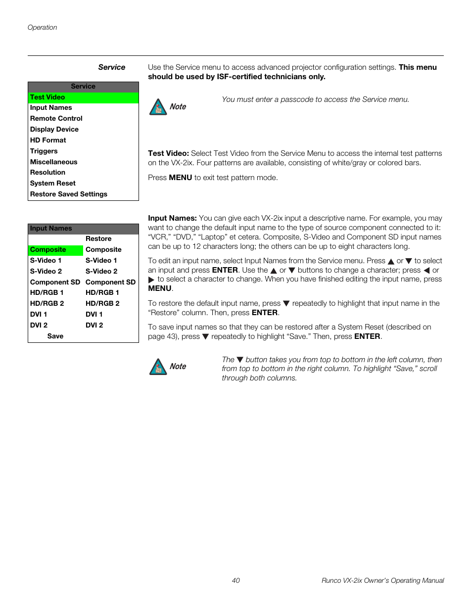 Service, Test video, Input names | Runco Video Xtreme VX-2ix User Manual | Page 52 / 80